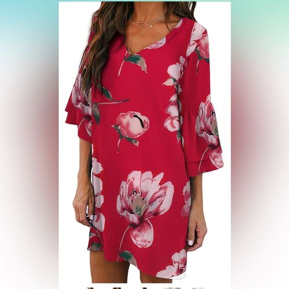 NEW Red Floral V-Neck Bell Sleeve Career Shift Dress S - Picture 2 of 5